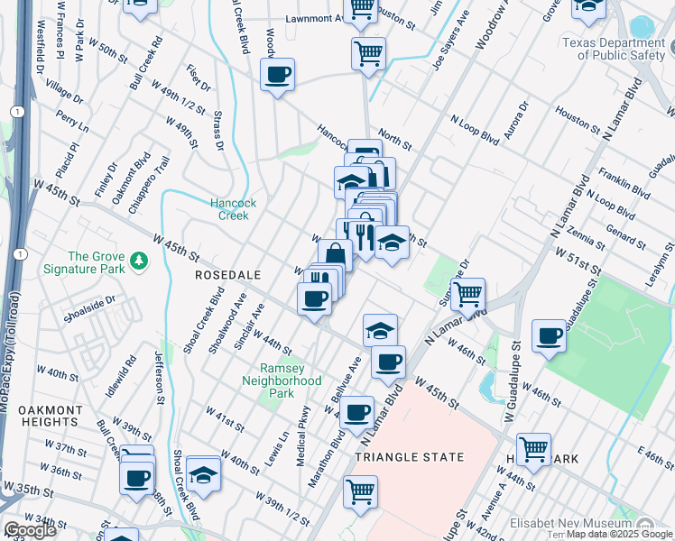 map of restaurants, bars, coffee shops, grocery stores, and more near 4610 Rosedale Avenue in Austin