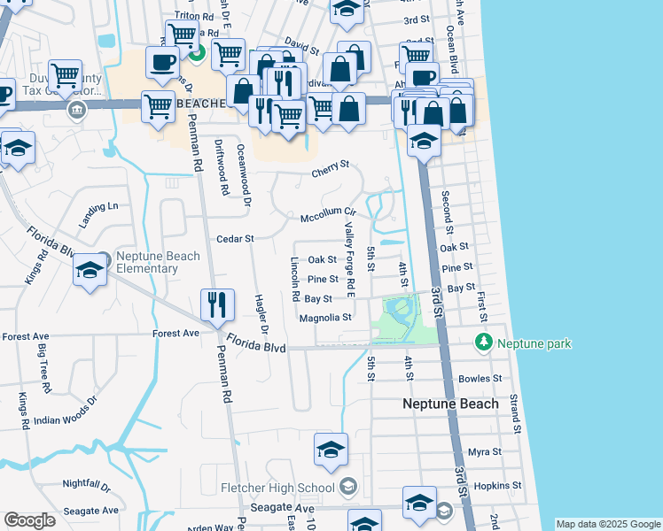 map of restaurants, bars, coffee shops, grocery stores, and more near 617 Oak Street in Neptune Beach