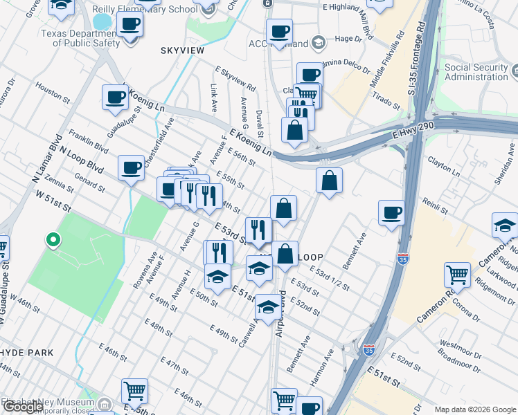 map of restaurants, bars, coffee shops, grocery stores, and more near 5408 Evans Avenue in Austin