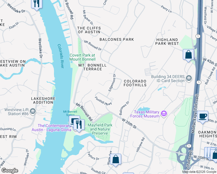 map of restaurants, bars, coffee shops, grocery stores, and more near 3407 Cascadera Drive in Austin