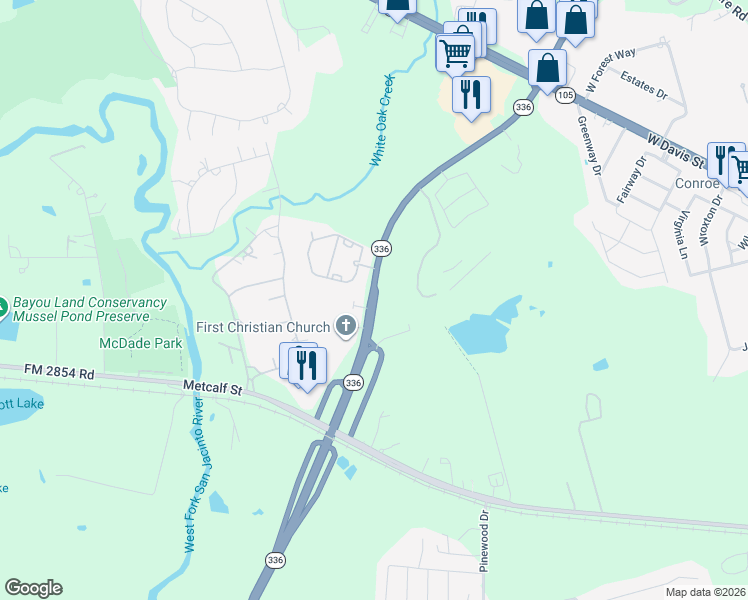 map of restaurants, bars, coffee shops, grocery stores, and more near 3307 North Loop 336 West in Conroe