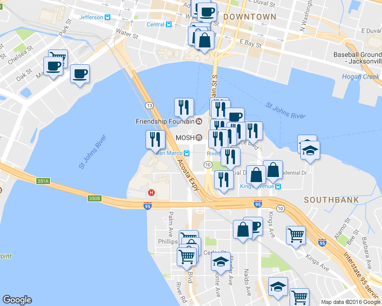 map of restaurants, bars, coffee shops, grocery stores, and more near 803 San Marco Boulevard in Jacksonville
