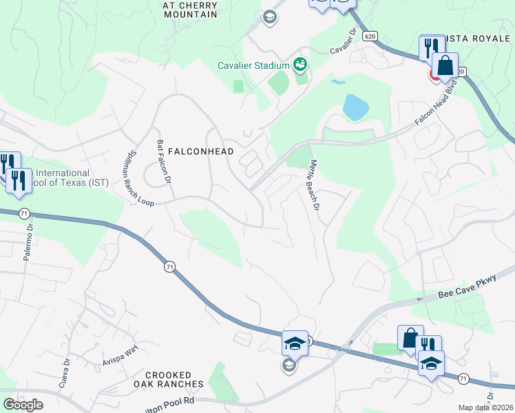 map of restaurants, bars, coffee shops, grocery stores, and more near 16308 Spillman Ranch Loop in Austin