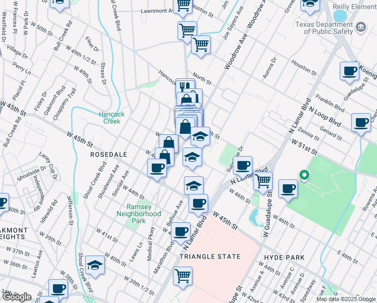 map of restaurants, bars, coffee shops, grocery stores, and more near 4701 Burnet Road in Austin