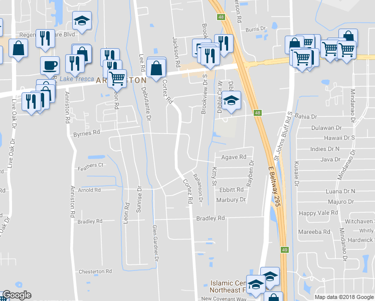 map of restaurants, bars, coffee shops, grocery stores, and more near 10354 Agave Road in Jacksonville