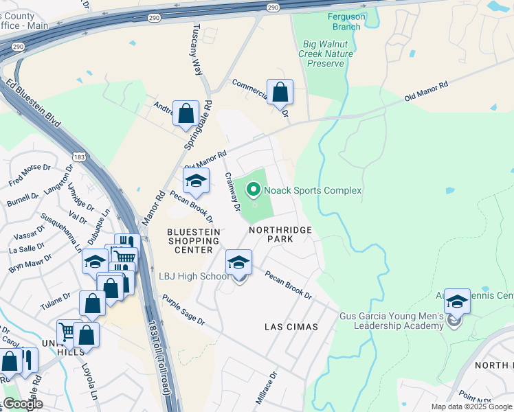 map of restaurants, bars, coffee shops, grocery stores, and more near 5300 Crainway Drive in Austin