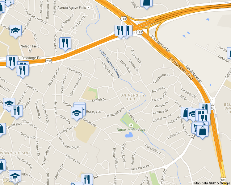 map of restaurants, bars, coffee shops, grocery stores, and more near Loyola Lane & Drexel Drive in Austin