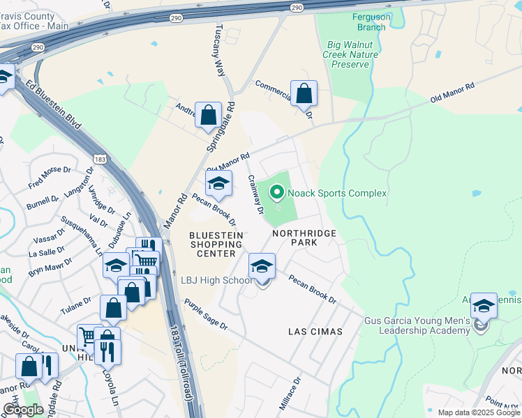map of restaurants, bars, coffee shops, grocery stores, and more near 5001 Crainway Drive in Austin