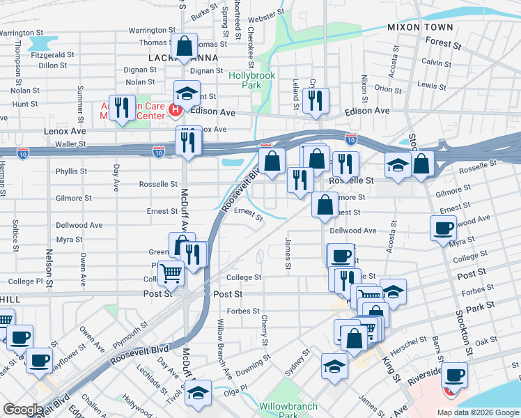 map of restaurants, bars, coffee shops, grocery stores, and more near 2848 Cherokee Circle South in Jacksonville