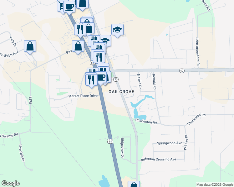 map of restaurants, bars, coffee shops, grocery stores, and more near 17179 Old Jefferson Highway in Prairieville