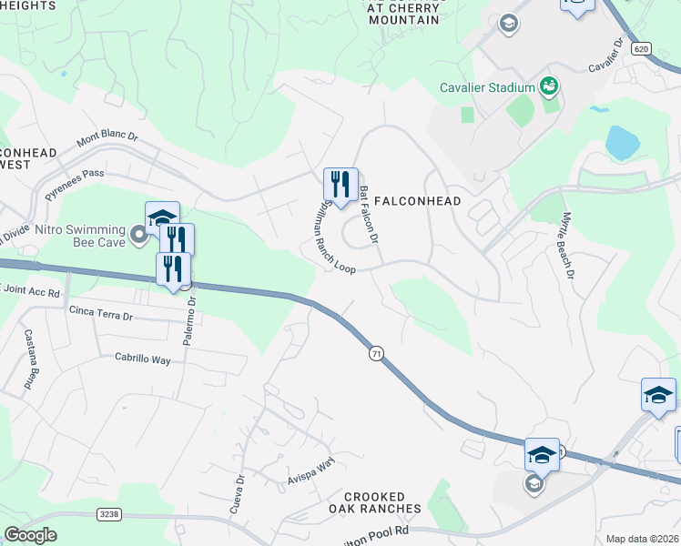 map of restaurants, bars, coffee shops, grocery stores, and more near 15205 Spillman Ranch Loop in Bee Cave