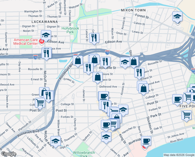 map of restaurants, bars, coffee shops, grocery stores, and more near 716 King Street in Jacksonville
