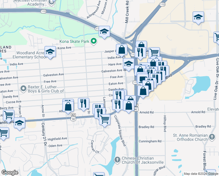 map of restaurants, bars, coffee shops, grocery stores, and more near 8936 Eaton Avenue in Jacksonville