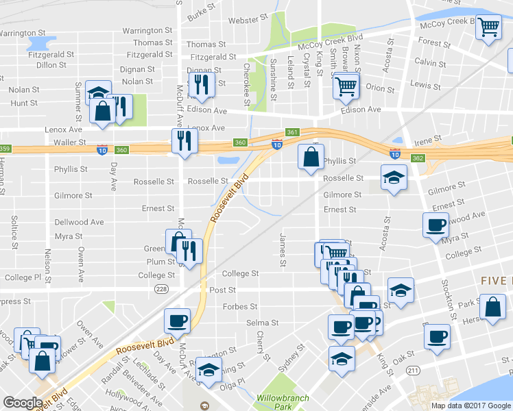 map of restaurants, bars, coffee shops, grocery stores, and more near 2848 Cherokee Circle South in Jacksonville