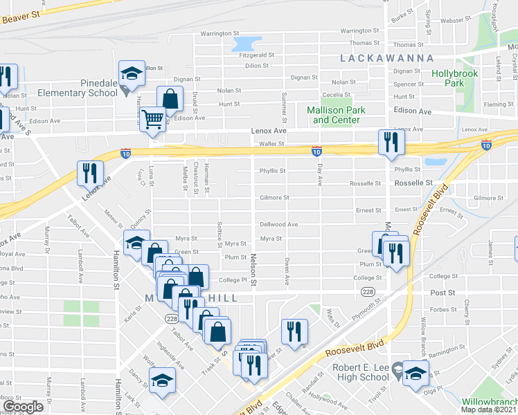 map of restaurants, bars, coffee shops, grocery stores, and more near 3506 Gilmore Street in Jacksonville
