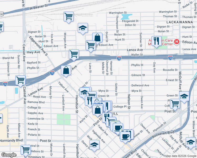 map of restaurants, bars, coffee shops, grocery stores, and more near 4024 Gilmore Street in Jacksonville