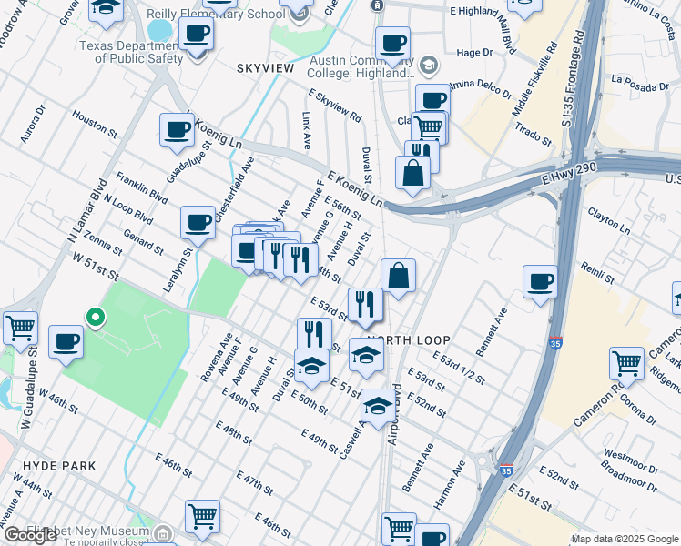 map of restaurants, bars, coffee shops, grocery stores, and more near 5408 Duval Street in Austin