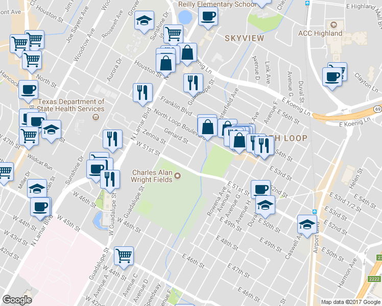 map of restaurants, bars, coffee shops, grocery stores, and more near 402 Zennia Street in Austin