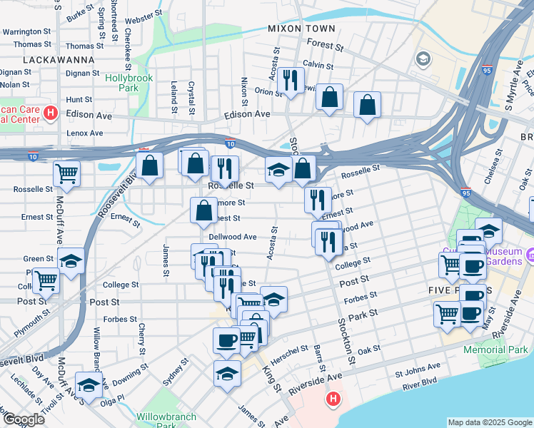 map of restaurants, bars, coffee shops, grocery stores, and more near 2617 Ernest Street in Jacksonville