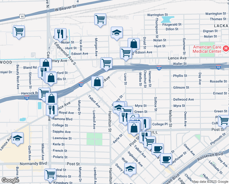 map of restaurants, bars, coffee shops, grocery stores, and more near 555 Comet Street in Jacksonville
