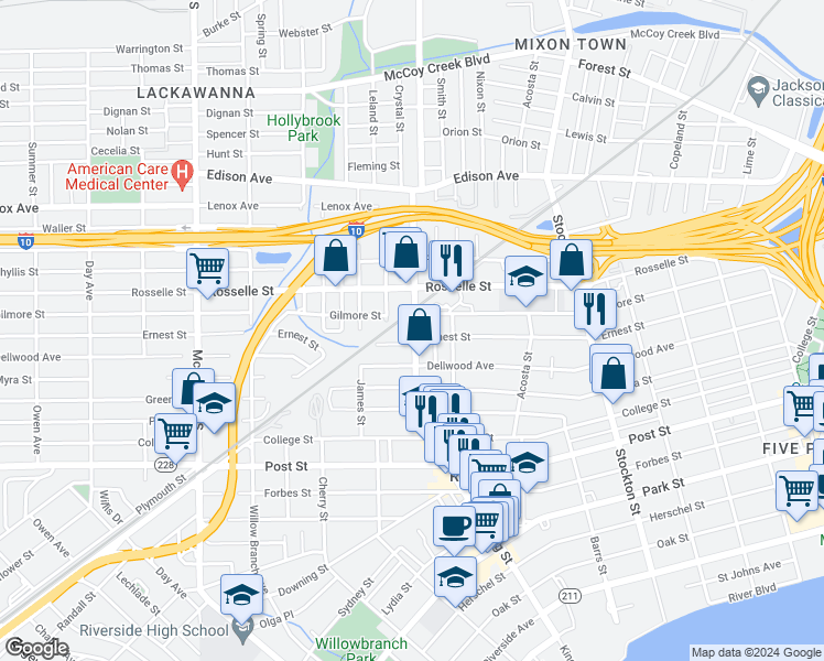 map of restaurants, bars, coffee shops, grocery stores, and more near 722 King Street in Jacksonville