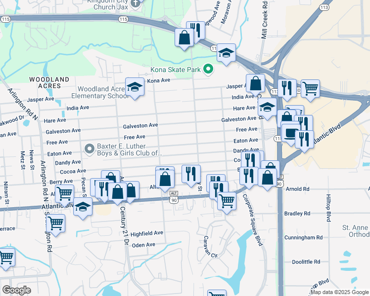 map of restaurants, bars, coffee shops, grocery stores, and more near 8602 Eaton Avenue in Jacksonville