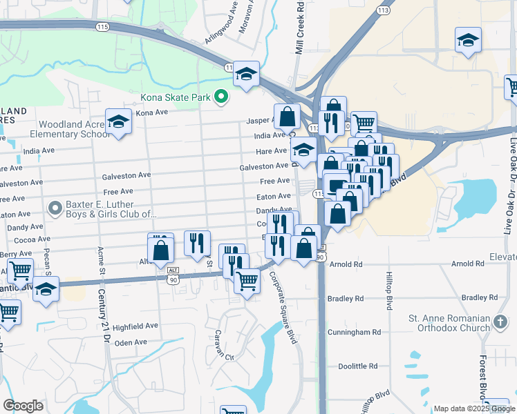 map of restaurants, bars, coffee shops, grocery stores, and more near 8936 Eaton Avenue in Jacksonville