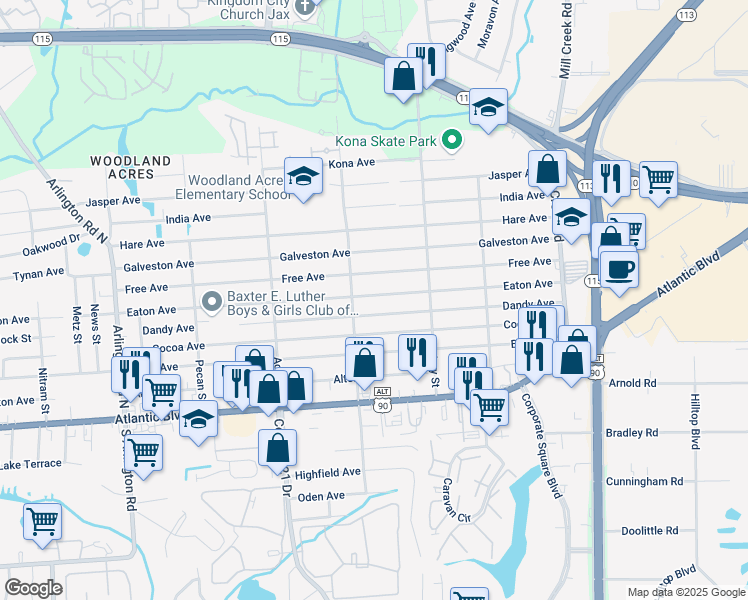 map of restaurants, bars, coffee shops, grocery stores, and more near 8460 Eaton Avenue in Jacksonville