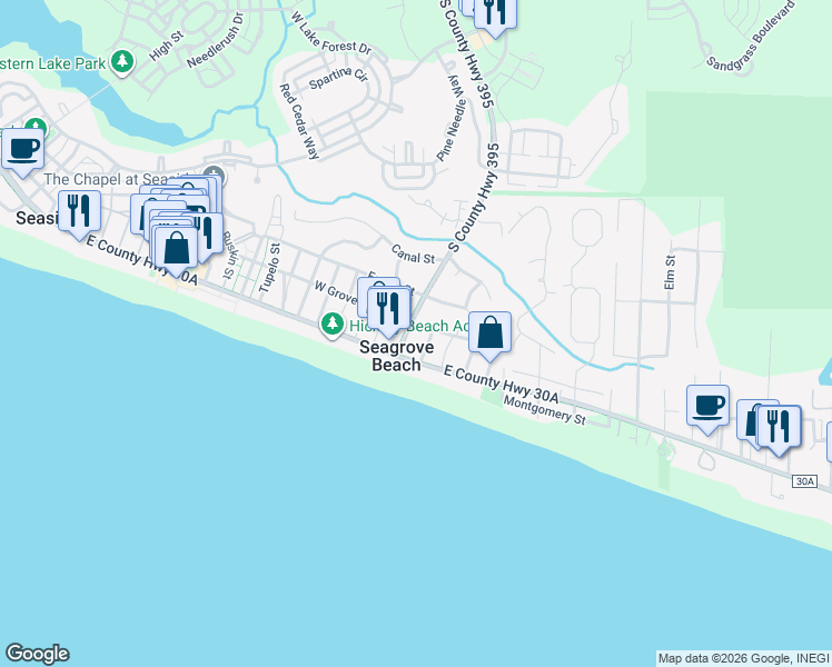map of restaurants, bars, coffee shops, grocery stores, and more near 2979 South County Highway 395 in Santa Rosa Beach