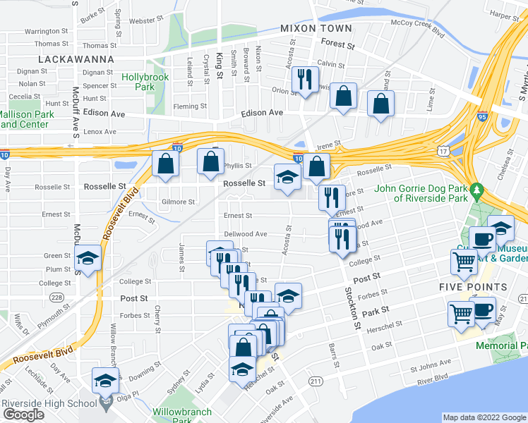 map of restaurants, bars, coffee shops, grocery stores, and more near 2653 Ernest Street in Jacksonville