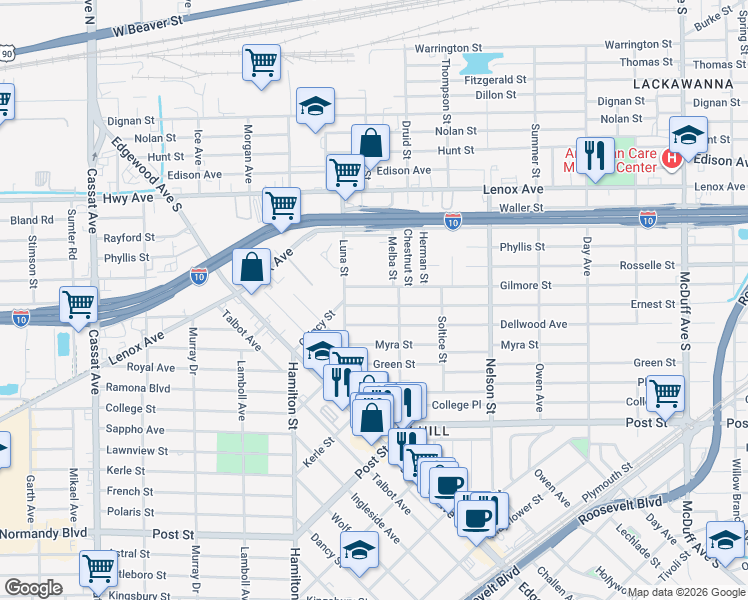map of restaurants, bars, coffee shops, grocery stores, and more near 4024 Gilmore Street in Jacksonville