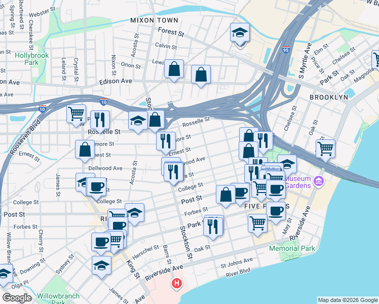 map of restaurants, bars, coffee shops, grocery stores, and more near 2303 Ernest Street in Jacksonville