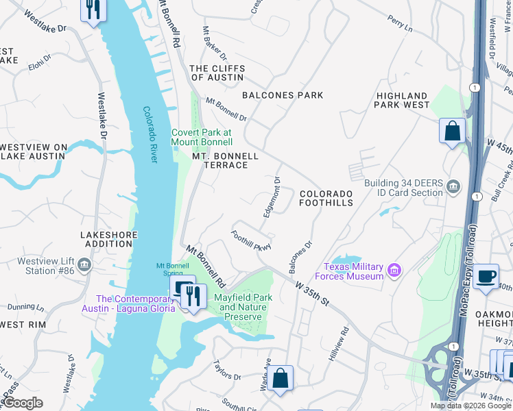 map of restaurants, bars, coffee shops, grocery stores, and more near 3407 Cascadera Drive in Austin