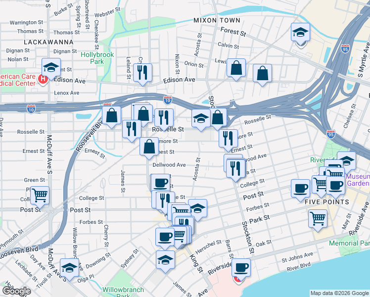 map of restaurants, bars, coffee shops, grocery stores, and more near 2606 Gilmore Street in Jacksonville