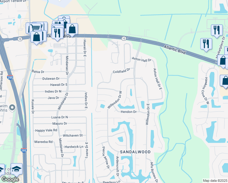 map of restaurants, bars, coffee shops, grocery stores, and more near 11158 Lord Taylor Drive in Jacksonville