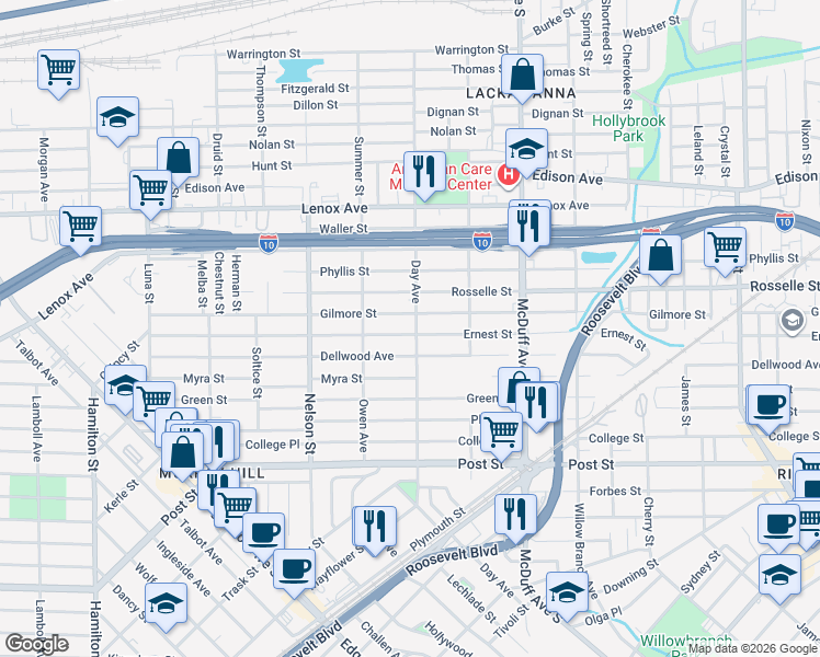 map of restaurants, bars, coffee shops, grocery stores, and more near 736 Day Avenue in Jacksonville