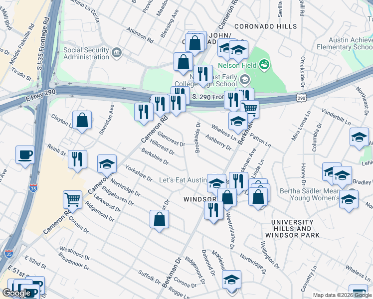 map of restaurants, bars, coffee shops, grocery stores, and more near 6105 Belfast Drive in Austin