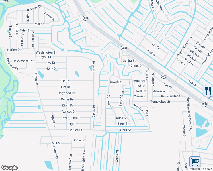 map of restaurants, bars, coffee shops, grocery stores, and more near 5009 Hawk Street in Bay St. Louis