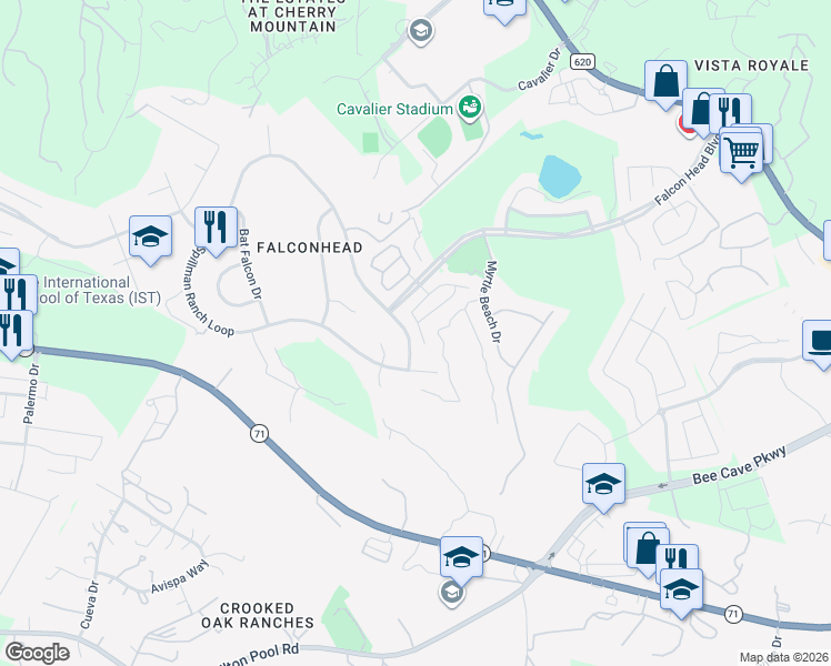 map of restaurants, bars, coffee shops, grocery stores, and more near 16308 Spillman Ranch Loop in Austin