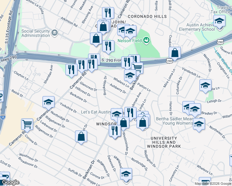 map of restaurants, bars, coffee shops, grocery stores, and more near 1606 Glencrest Dr in Austin
