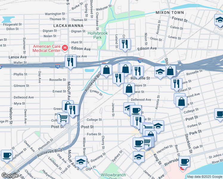 map of restaurants, bars, coffee shops, grocery stores, and more near 756 James Street in Jacksonville