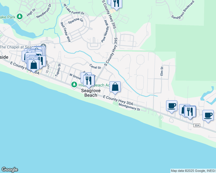 map of restaurants, bars, coffee shops, grocery stores, and more near 119 East Grove Avenue in Santa Rosa Beach