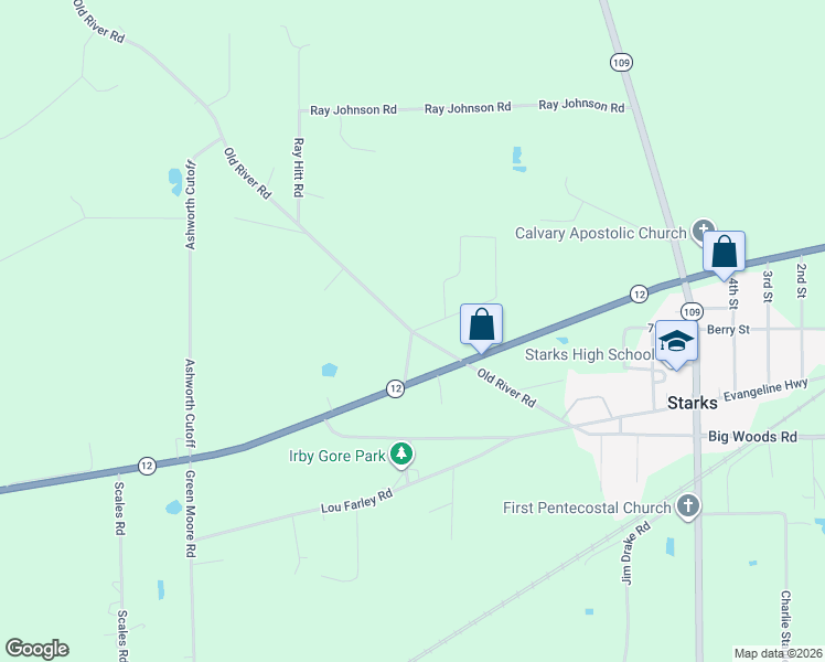 map of restaurants, bars, coffee shops, grocery stores, and more near Old River Road in Starks