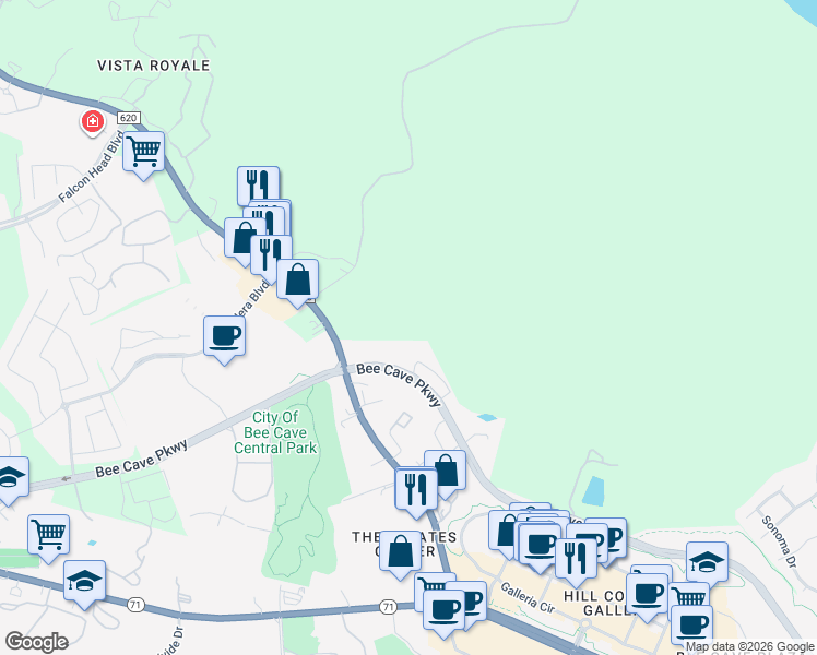 map of restaurants, bars, coffee shops, grocery stores, and more near 13200 Bee Cave Parkway in Bee Cave