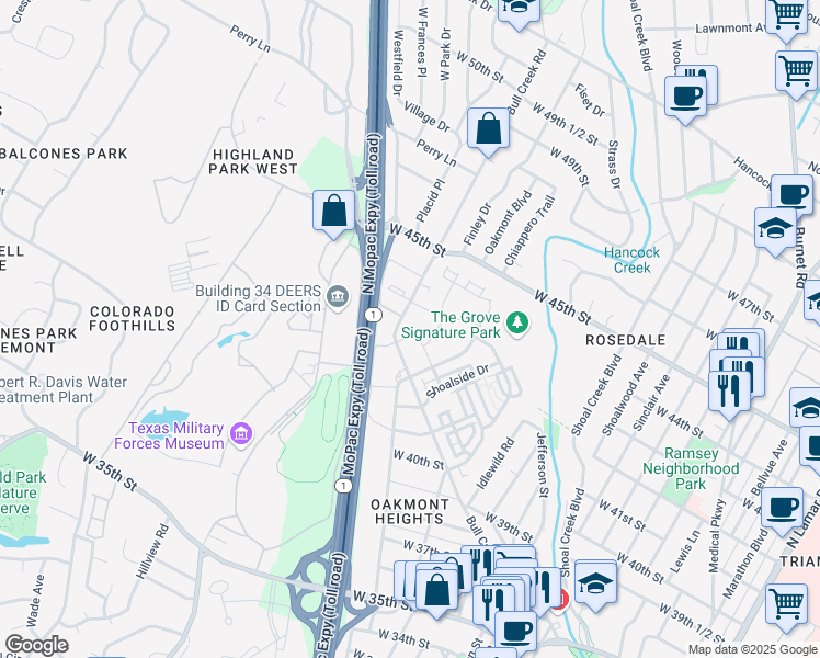 map of restaurants, bars, coffee shops, grocery stores, and more near 4301 Bull Creek Road in Austin