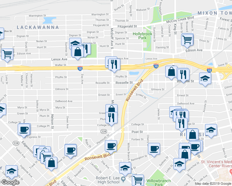 map of restaurants, bars, coffee shops, grocery stores, and more near 2985 Ernest Street in Jacksonville