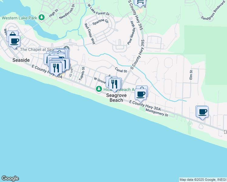 map of restaurants, bars, coffee shops, grocery stores, and more near 30 Nightcap Street in Santa Rosa Beach