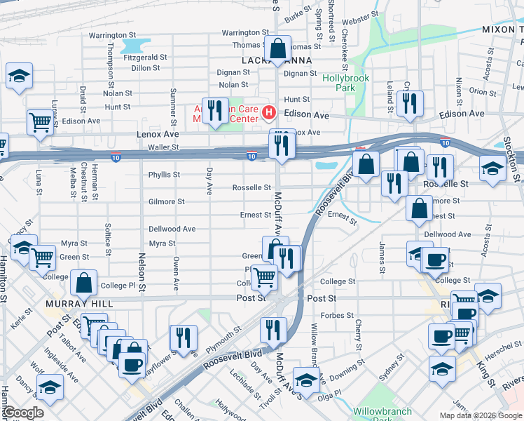 map of restaurants, bars, coffee shops, grocery stores, and more near 3029 Ernest Street in Jacksonville