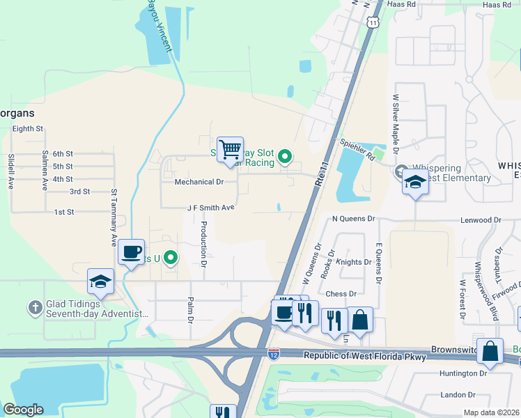 map of restaurants, bars, coffee shops, grocery stores, and more near 38015 Fricke Road in Slidell