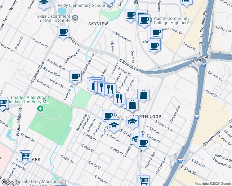 map of restaurants, bars, coffee shops, grocery stores, and more near 5314 Avenue H in Austin